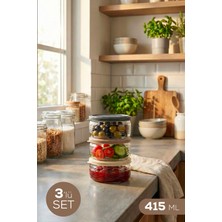 Vienev 3'lü Yuvarlak Kapaklı Cam Saklama Kabı 415 ml - Kahvaltılık Çerezlik Gıda Organizeri