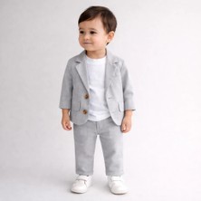 Çelix Kids Celix Pamuk Keten Ceketli Kapaklı Lüx Erkek Bebek 3 Lü Takım 6-24 Ay