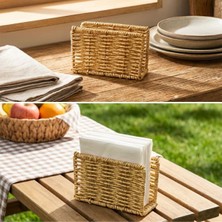 Hobilinka  Dekoratif Plastik Rattan Dikdörtgen Peçetelik–doğal Hasır Dokulu Masaüstü Peçete Standı
