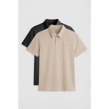 Tommy Life Standart Fit Basic Polo Yaka 2li Paket Antrasit-Bej Erkek T-Shirt - 87748