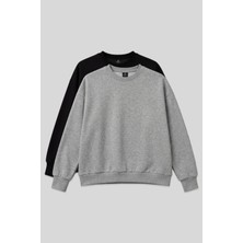 Tommy Life Basic Oversıze O Yaka 2li Paket Siyah-Gri Melanj Kadın Sweatshirt - 97053