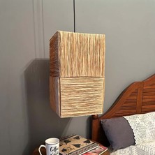 Noldecoration Elişi Metal Konstriksiyon üzerine Modern Naturel Rafya Hasır Kübik 25X25X42 cm Kare Tabanlı Dikdörtgen Prizma Nordik Yalın Tekli Sarkıt Avize