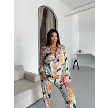 Sheenza Saten Karışımlı Illüstrasyon Desenli Pijama Takımı - Turkuaz