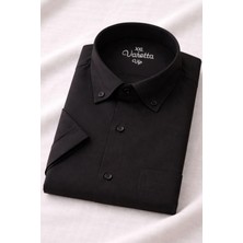 Varetta Erkek Siyah Kısa Kollu Büyük Beden Gömlek Pamuk Saten Yaka Düğmeli Geniş Kalıp