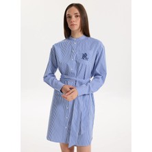 Lauren Ralph Lauren Gömlek Yaka Mavi Diz Üstü Kadın Elbise Kınley-Long Sleeve-Day Dress