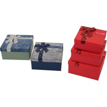 Hobilinka 3pcs Kare Çizgili Mix Renkli Karton Hediye Kutusu Kurdelalı 19-17-15CM (4887)