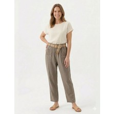 Della Moor Vizon Kadın Italyan Hasır Kemerli Cebi Dantelli Havuç Kalıp Keten Pantolon