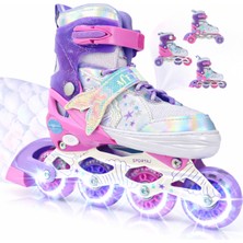 Feyza Design Pembe Çocuk Işıklı Paten, Ayarlanabilir ve Taşıma Çantalı