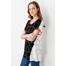 Desen Triko Kadın Yakası ve Kolu Sarı Bantlı Penye T-Shirt Ekru/siyah