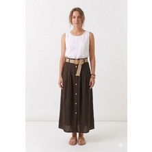 Della Moor Kahverengi Italyan Hasır Kemerli Sahte Düğmeli Cepli Uzun Keten Etek