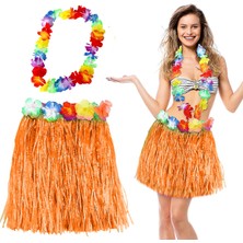Hobilinka Hawaii Luau Aloha Turuncu Püsküllü 40 cm Etek ve Hawaii Kolye Seti (4887)