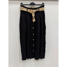 Della Moor Siyah Italyan Hasır Kemerli Sahte Düğmeli Cepli Uzun Keten Etek