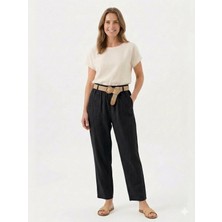 Della Moor Siyah Kadın Italyan Hasır Kemerli Cebi Dantelli Havuç Kalıp Keten Pantolon