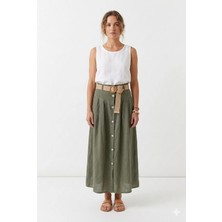 Della Moor Haki Italyan Hasır Kemerli Sahte Düğmeli Cepli Uzun Keten Etek