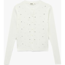 Koton Uzun Kollu Bisiklet Yaka Çiçekli Inci ve Taş Detaylı Triko Hırka