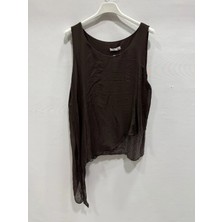 Della Moor Kahverengi Italyan Asimetrik Kesim Etek Ucu Pul Payetli Sıfır Kol Astarlı Ipek Bluz