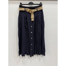 Della Moor Lacivert Italyan Hasır Kemerli Sahte Düğmeli Cepli Uzun Keten Etek