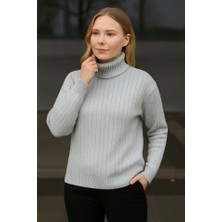 Deridün Yıldız Shoes Balıkcı Yaka Bağazlı Triko Kazak Pamuklu Kalın Fitilli Dokuma - Gri