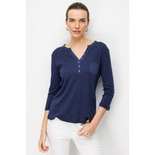 Desen Triko Kadın Açma Yaka Kol Ucu Metal Düğmeli Pamuklu Penye Bluz Lacivert