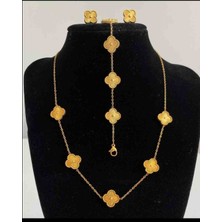 Güneş Takı 316L Çelik Gold Yonca Kolye,küpe ve Bileklik Seti