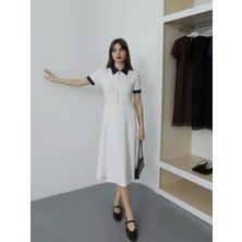Qimya Butik Şans Life Kadın Polo Yaka & Kol Ucu Renkli Yarım Pat Fermuarlu Uzun Elbise