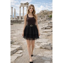 Win Moda Kadın Dantel Güpürlü Kat Kat Mini Etek – Kemerli Ithal Krep Kumaş Fermuarlı Şık Günlük Etek