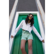 Crep Yeşil Pötikare Desenli Şort