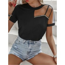 Stelol Kadın Kısa Kollu Tül Detaylı Taşlı Janjan Krep Bluz