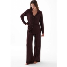 Hobilinka Kadın Mürdüm Önden Düğmeli Rahat Kesim Pijama Takımı – Günlük Ev Giyim Seti