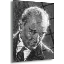 Shiny Art Atatürk Siyah Beyaz Karakalem Portre Cam Tablo – ATA144