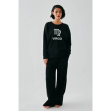 Hobilinka Kadın Siyah Başak Burcu Oversize 2 Iplik Eşofman Ev Giyim Takımı