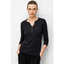 Desen Triko Kadın Açma Yaka Kol Ucu Metal Düğmeli Pamuklu Penye Bluz Siyah