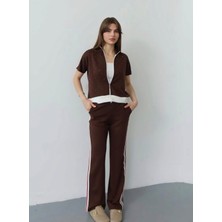 Qimya Butik ŞANS LİFE Kadın Ribana Detaylı Kısa Kol Taş Detaylı Sweat Şerit Detaylı Pantolonlu Alt Üst İKİLİ TAKIM