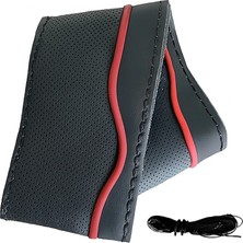 Universal Lüx Desenli Deri Dikme Direksiyon Kılıfı 38-40CM Siyah-Bordo Şeritli OND377