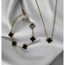 Güneş Takı Gold Siyah Van Clf Yonca Çelik Kolye Bileklik Set