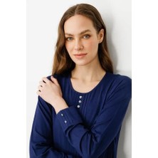 Desen Triko Kadın Sıfır Yaka Uzun Kollu Penye Bluz Lacivert