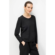 Desen Triko Kadın Sıfır Yaka Verev Çizgili Yanı Düğmeli Uzun Kollu Ince Triko Bluz Siyah