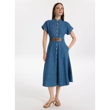 Lauren Ralph Lauren Gömlek Yaka Mavi Midi Kadın Elbise Erlaına-Short Sleeve-Day Dress
