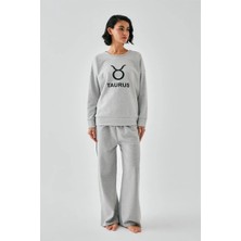 Hobilinka Kadın Gri Boğa Burcu Oversize 2 Iplik Eşofman Ev Giyim Takımı