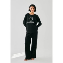 Hobilinka Kadın Siyah Yengeç Burcu Oversize 2 Iplik Eşofman Ev Giyim Takımı