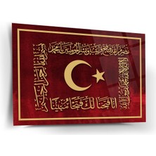 Shiny Art Türk Bayrağı ve Fetih Suresi Islami Cam Tablo – Kırmızı Üzerine Altın Hat Sanatı - ISL212