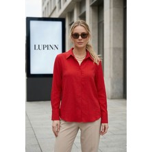 Lupinn Kadın Kırmızı Classic Regular Fit Düğmeli Uzun Kollu Dokuma Rahat Kesim Gömlek – Kadın Gömlek Bluz