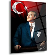 Shiny Art Mustafa Kemal Atatürk ve Türk Bayrağı Cam Tablo | Renkli Portre ve Imza - ATA120