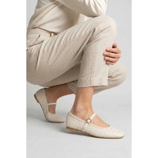 Violet Bej Mat Örgü Desenli Altın Toka Detay Düz Taban Kadın Babet