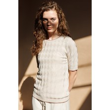 Desen Triko Kadın Sıfır Yaka Baklava Desenli Ince Triko Bluz Bej