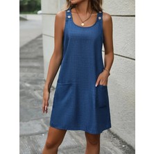 Stelol Kadın Askılı Omuzlardan Düğmeli Yuvarlak Yaka Cepli Keten Elbise