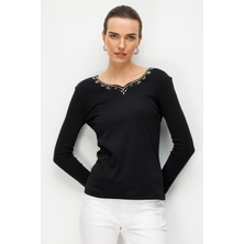 Desen Triko Kadın Sıfır Yaka Yakası ve Kolu Işlemeli Pamuklu Penye Bluz Siyah