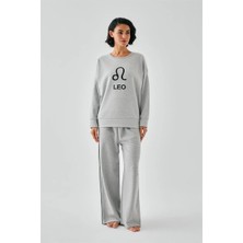 Hobilinka Kadın Gri Aslan Burcu Oversize 2 Iplik Eşofman Ev Giyim Takımı