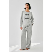 Hobilinka Kadın Gri Koç Burcu Oversize 2 Iplik Eşofman Ev Giyim Takımı