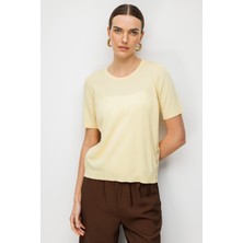 Desen Triko Kadın Sıfır Yaka Verev Çizgili Yanı Düğmeli Ince Triko Bluz Sarı